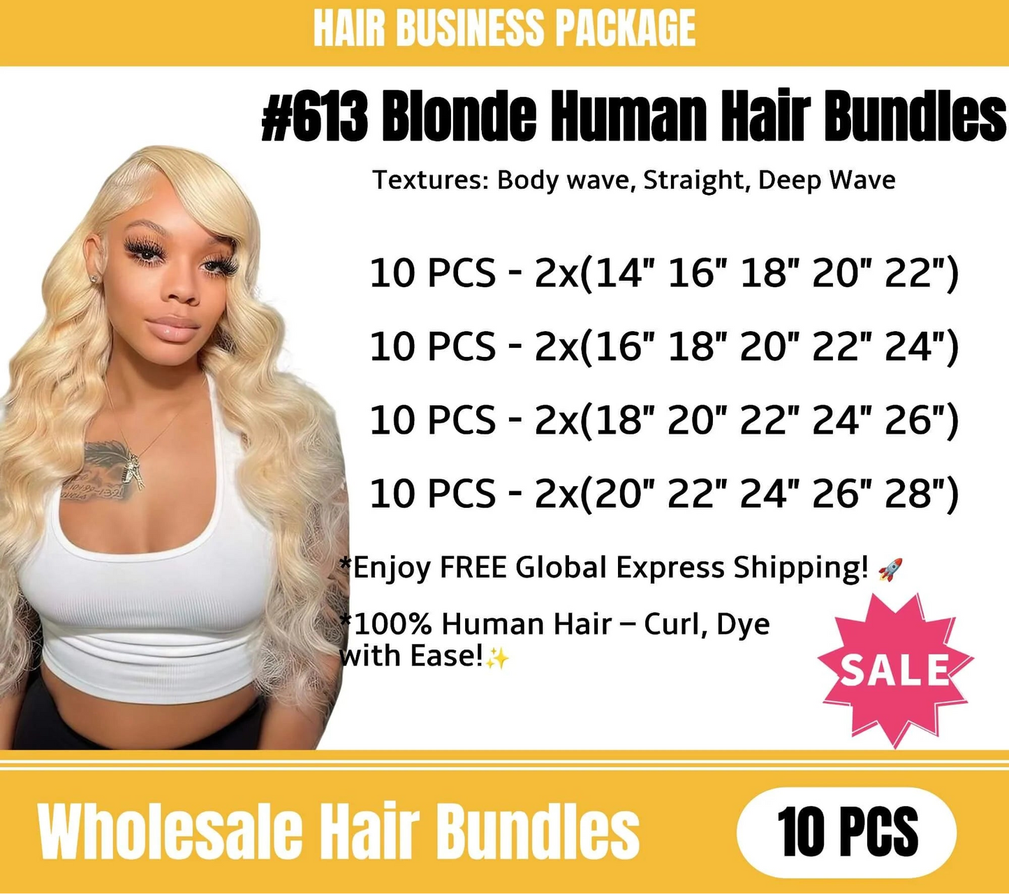 Wholesale 613 Blonde Human Hair Bundles 10 Pieces Package