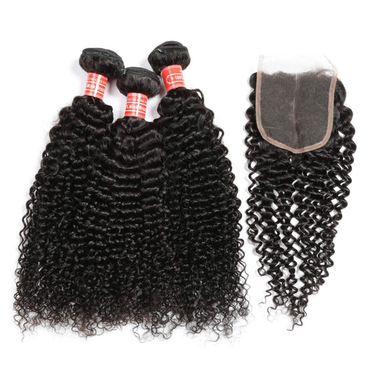 Curly Wave Mink Brazilian Hair 3 Bundles With Lace Closure